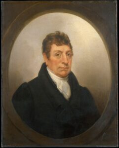 Portrait painting of a man in a black suit.
