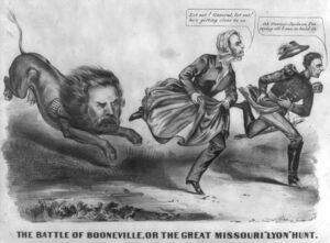 Political cartoon depicting a lion chasing two men, one dressed in women's clothing.